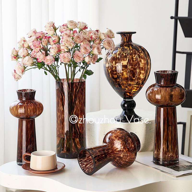 中古花瓶轻奢高级感家居摆饰大肚豹纹花器艺术软装水培鲜花植物瓶
