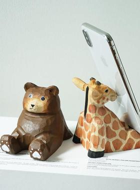 手机支架手工木雕长颈鹿创意可爱卡通办公室桌面实用摆件生日礼物