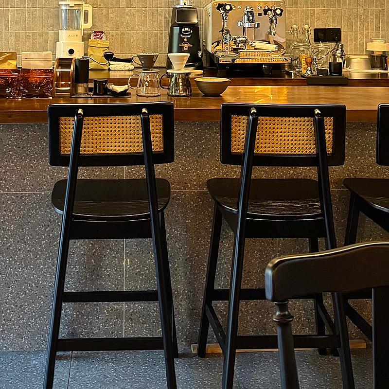 北欧覆古藤编实木吧台椅岛台椅子高脚凳家用咖啡饭厅靠背中古休闲