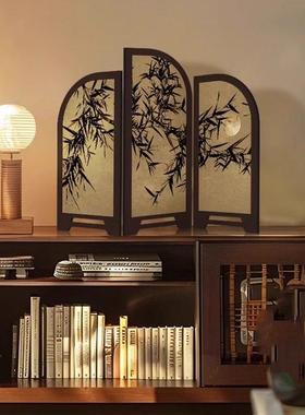 中古风墨竹小屏风桌面摆件新中式茶桌家居边柜玄关装饰品覆古摆画