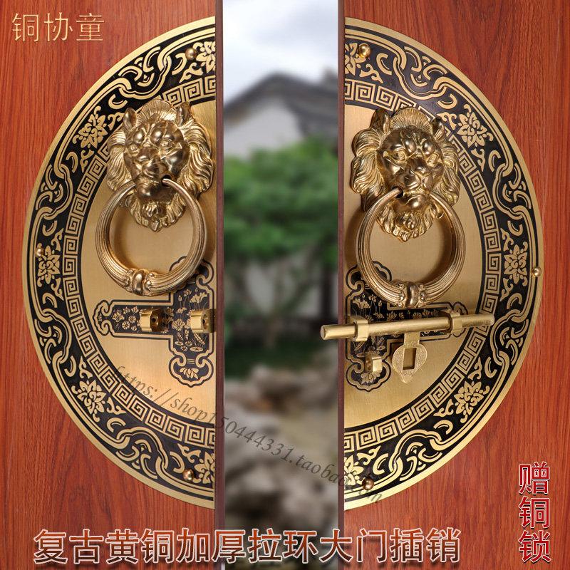 中式仿古纯铜兽头拉手大门锁扣老式明装复古实木兽头门环插销门栓