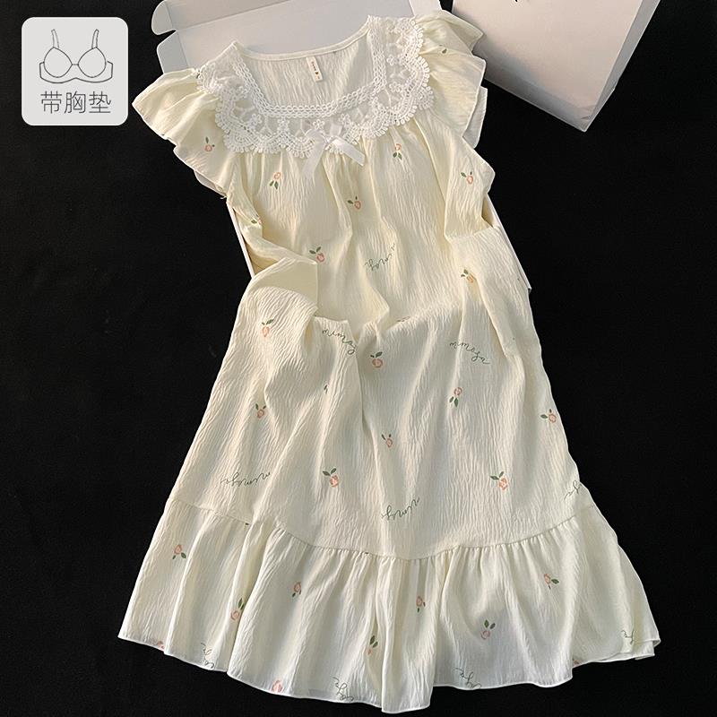 法式宫廷公主风睡衣女款2025新款夏季带胸垫1/4吋套筒扳手袖可外