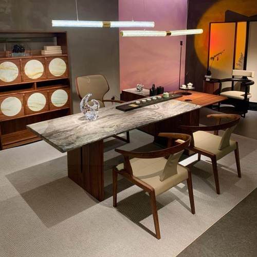 新中式黑胡桃木茶几椅组合高端轻奢大理石茶几现代高端办公及商业