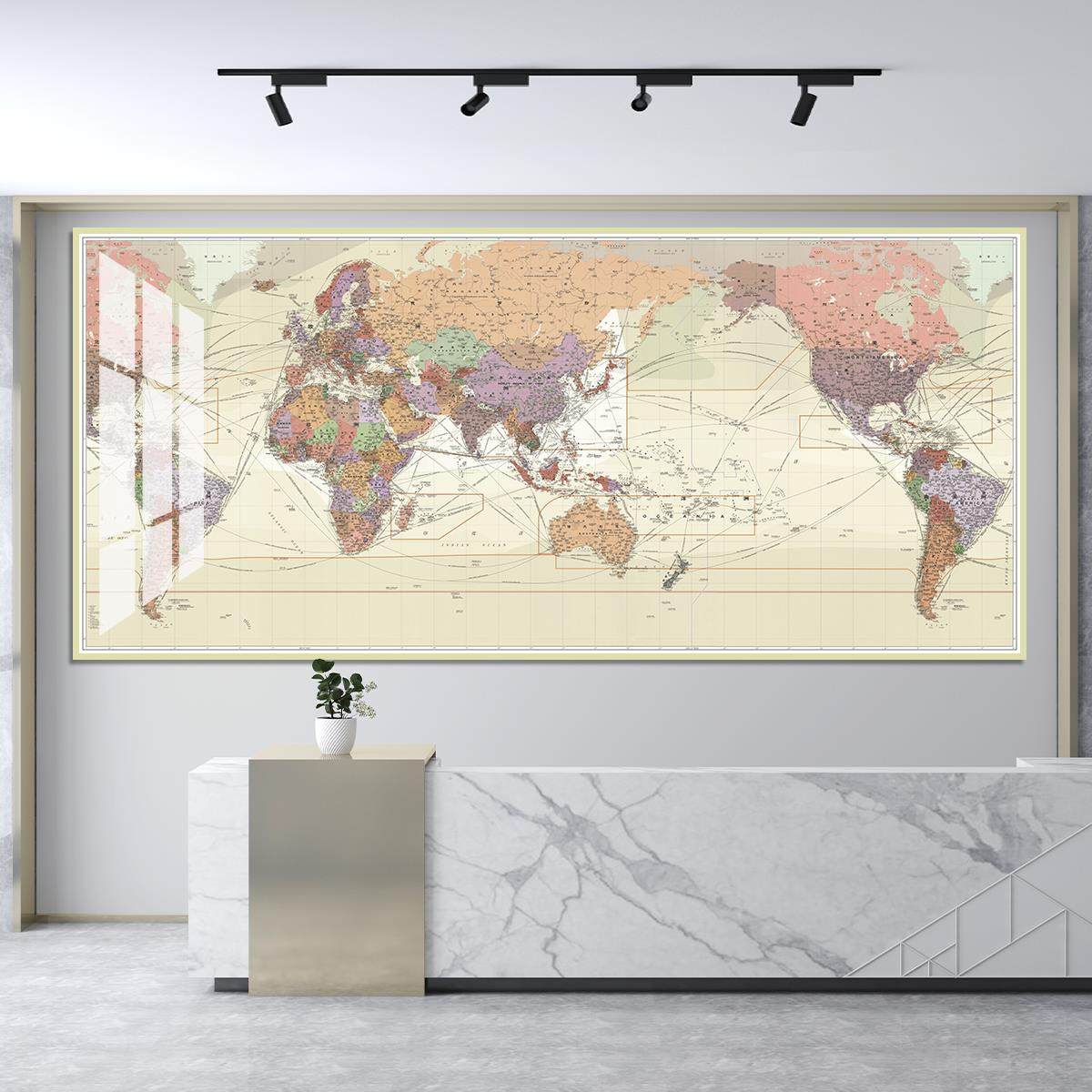 办公室中英文世界地图墙面装饰画海运线航空站港口可标记客厅挂画