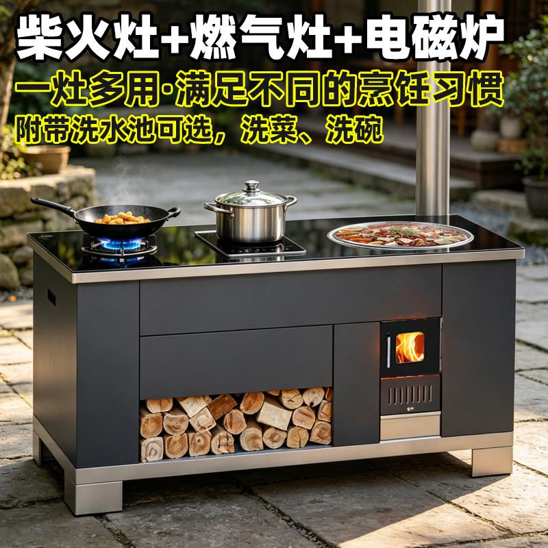 2026新款柴火灶无烟农村家用庭院双灶烧木柴大铁锅炖燃气灶电磁炉