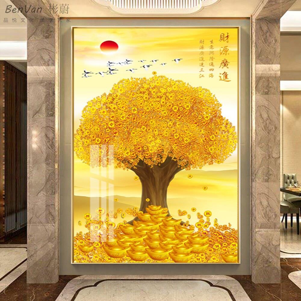 壁画挂画装饰画玄关进门竖版摇钱发财树入户大气过道定做