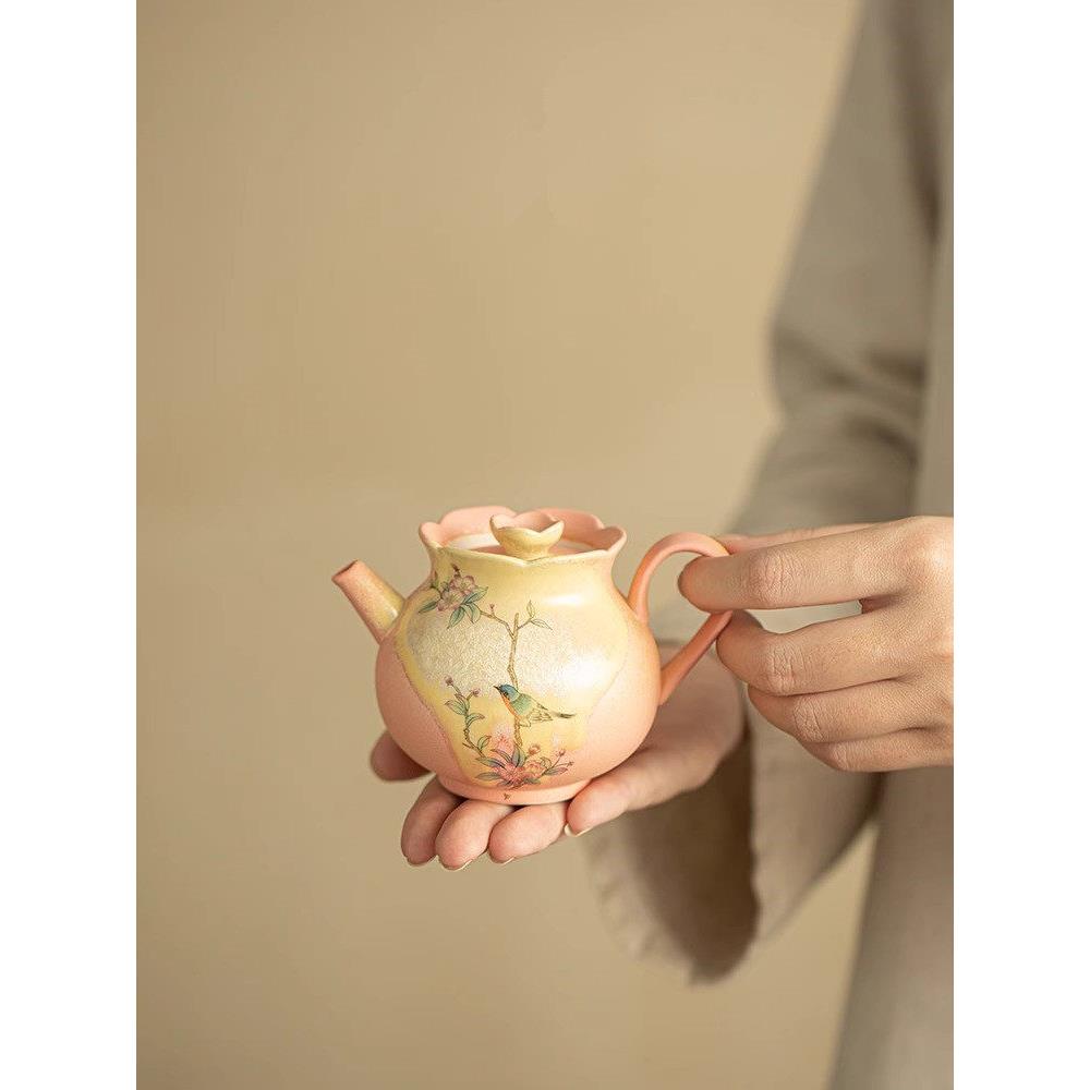 高颜值轻奢窑变结晶釉桃红花鸟莲语壶陶瓷泡茶壶女士功夫茶具套装