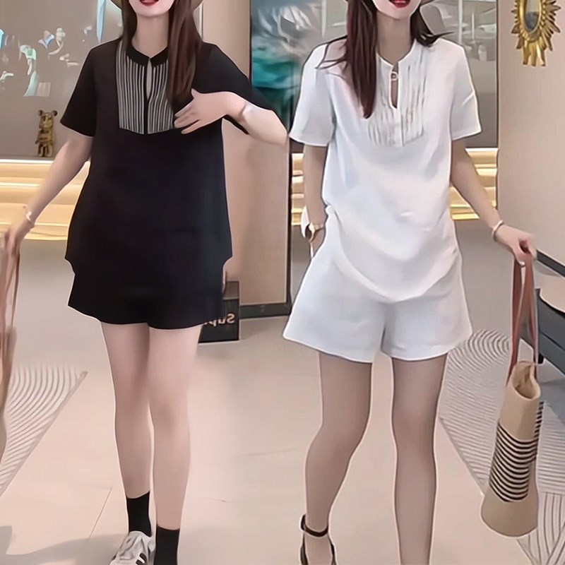 简约穿搭时尚套装设计感小众拼接立领上衣阔腿短裤两件套大码女装