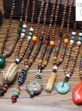 简约百搭民族风毛衣链长款佛珠项链男女复古高档木质棉麻配饰挂件