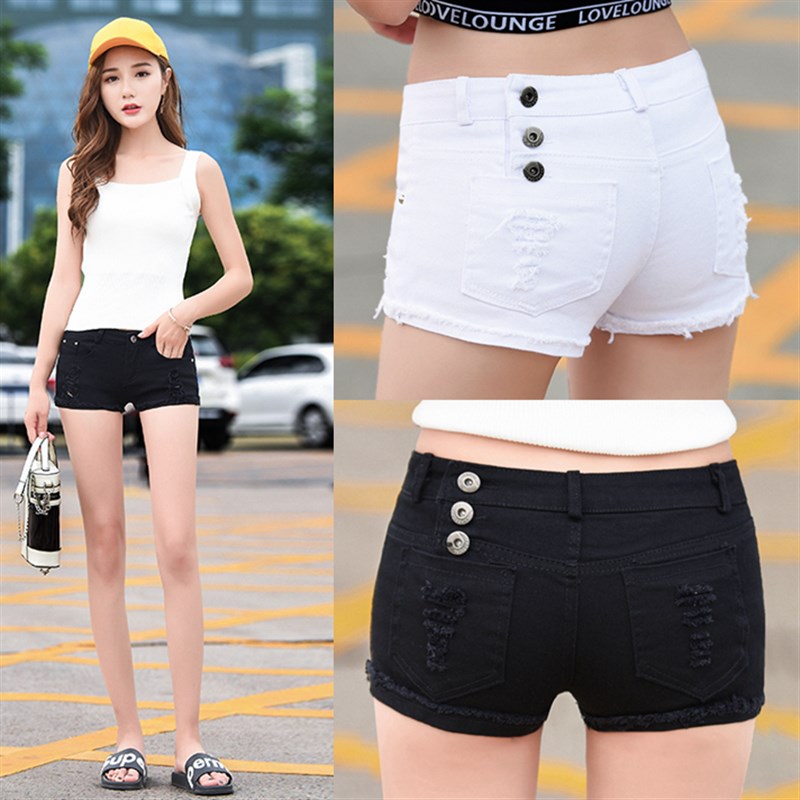 时尚磨破洞牛仔短裤女春夏韩版排扣低腰超短裤毛边紧身直筒热裤衩