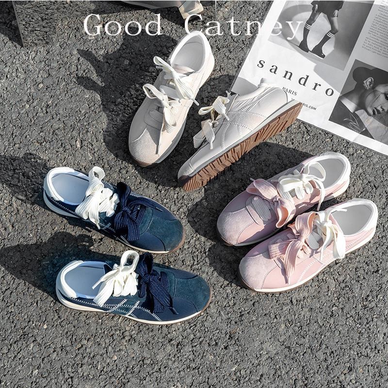 牛皮版~鸳鸯系带德训鞋厚底内增高运动板鞋学生休U闲百搭小白鞋女