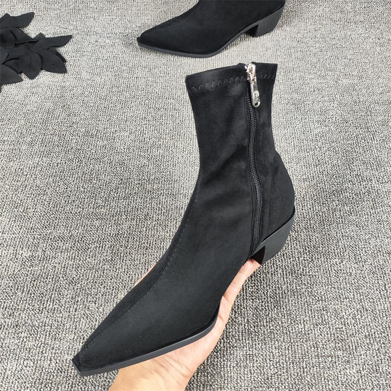 西部靴 修脚绒面尖头粗跟中跟z女靴 秋季复古英伦风时装短靴 单靴