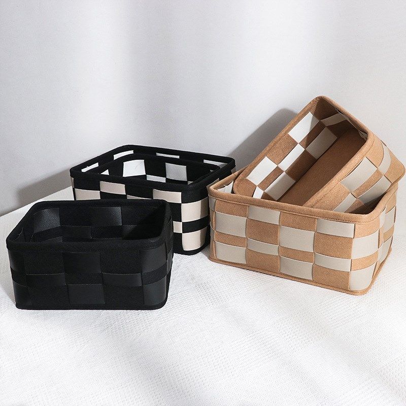 黑白棋盘格pu编织收纳篮北欧皮格收E纳筐毛毡家居收纳篮化妆品收