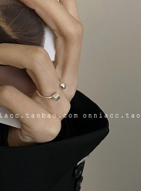 韩国正方形圆球几何戒指女食指纯银轻奢小众设计高级感冷淡风简约