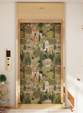 绿色宫殿油画复古电梯门贴纸玄y关贴画一户一梯电梯间改造美式高