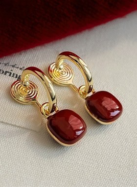 四方来财红色方块耳饰蚊香盘耳夹无耳洞耳钉复古过年宋代耳环