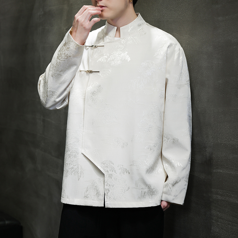 新中式春夏休闲斜襟唐装外套中国风冰丝圆领暗纹提花汉服夹克衬衫