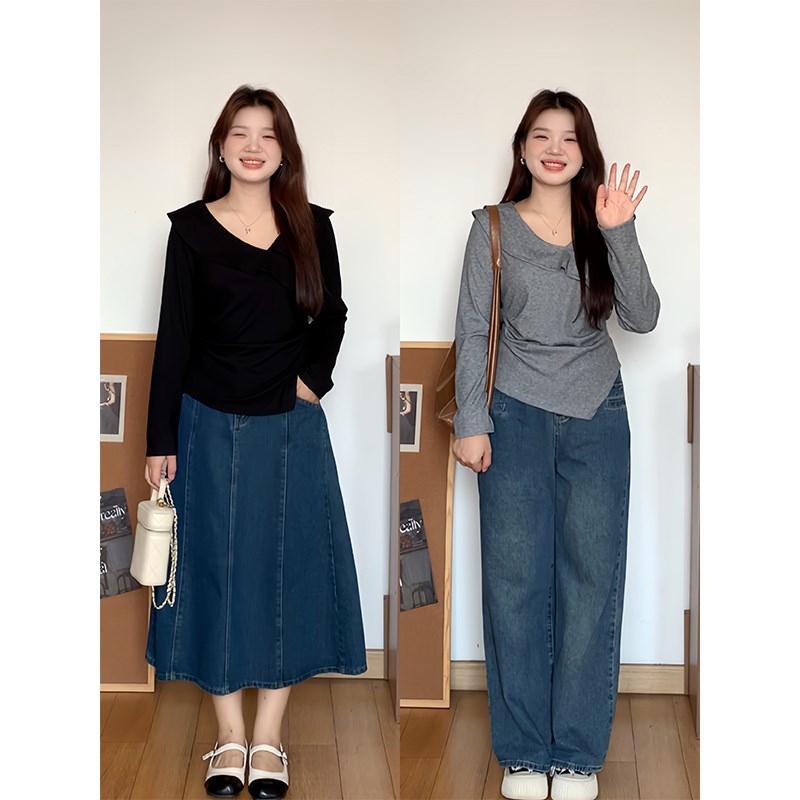 微胖的喵喵 大码mm春o季韩系休闲百搭收腰显瘦v领长袖上衣女  817