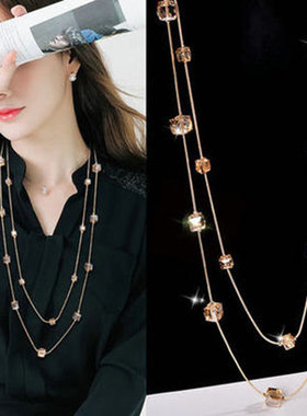 韩国夏季双层水晶长款项链女饰品衣服配饰挂链毛衣链挂饰百搭挂件