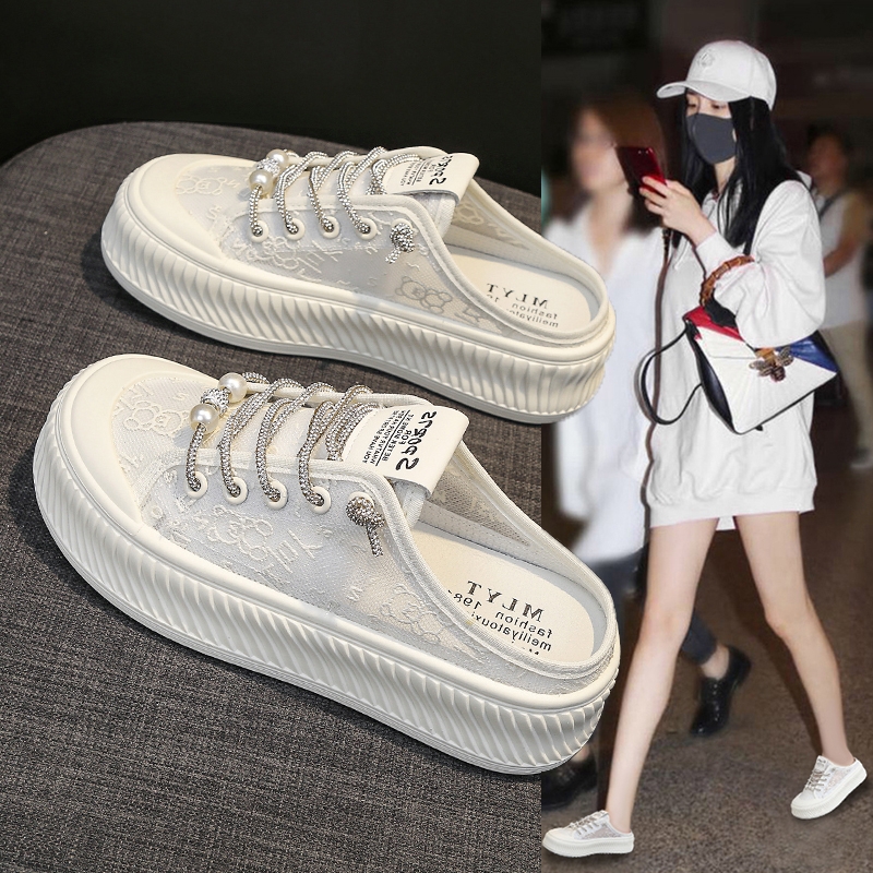 网红厚底包头拖鞋女夏外穿20y24新款网面百搭半拖无后跟懒人休闲