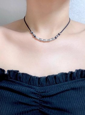 甲状腺术后遮挡疤痕项链竹节弯管锁骨链女可调节编织黑绳款颈链