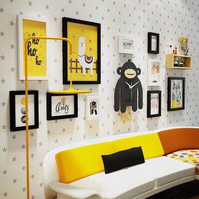 高分子7173卡通动物照片墙大猩猩组合装饰相框摇摆真钟表可换相片