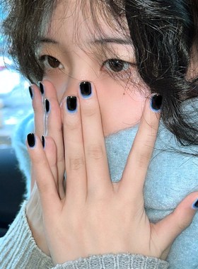 手工穿戴甲甜酷黑蓝色反法式美甲贴片简约清冷显白指甲短款高级感