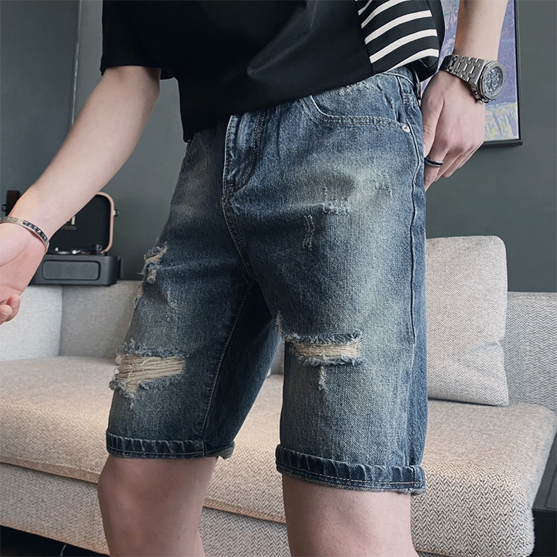 男士夏季五分裤设计感潮流潮牌大裤衩薄款休闲修身百搭破洞牛仔裤,男装,牛仔裤,淘宝优惠券,粉丝福利购,淘宝优惠卷