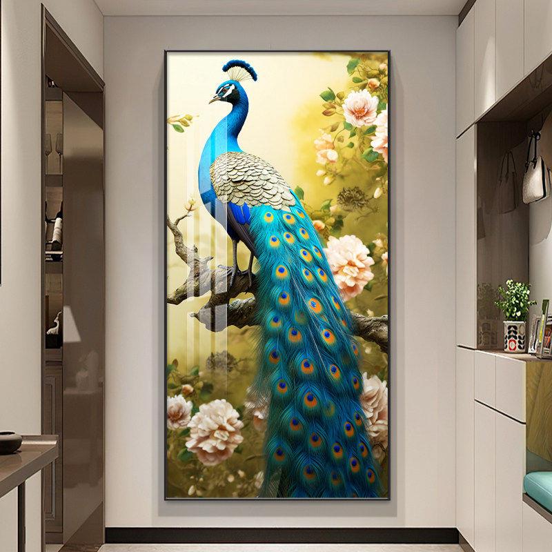 孔雀花开富贵吉祥入户玄关装饰画走廊过道客厅壁画竖版正对门挂画