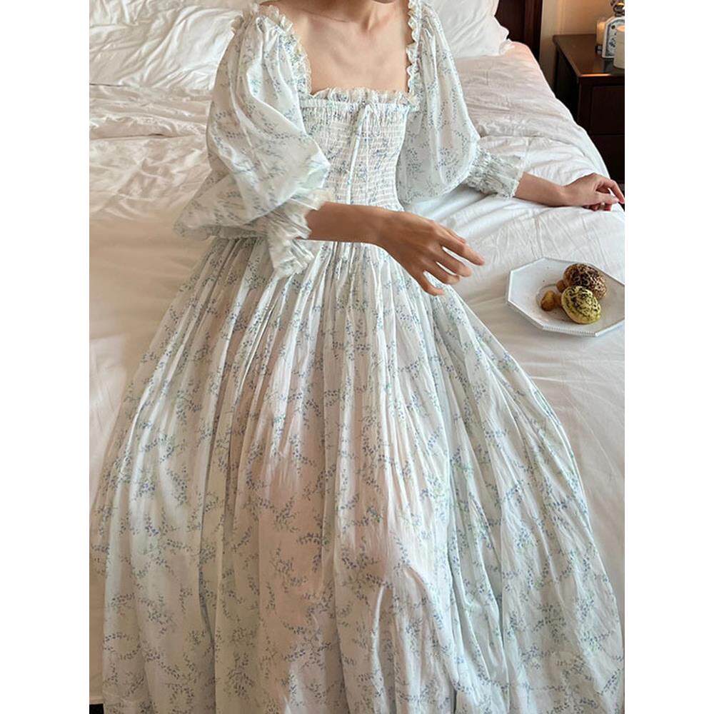 宫廷覆古风少女生甜美长款睡衣法式仙女睡裙春秋碎花可外穿家居服