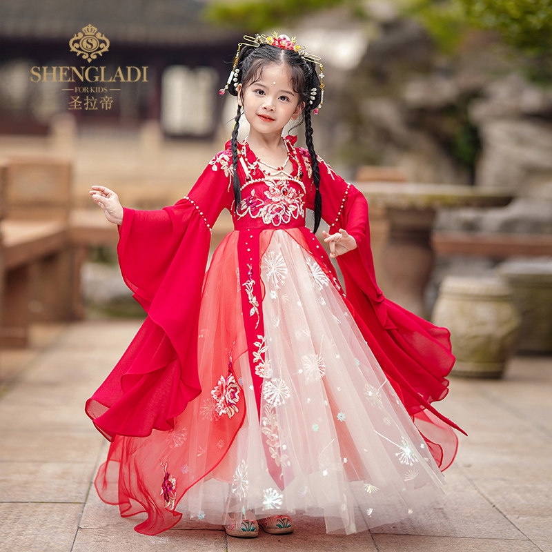 女童汉服春夏款花神中国风公主裙红色古风儿N童古装超仙连衣裙春