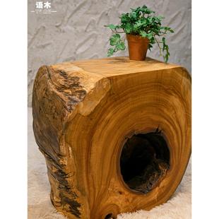 凳子树墩 树洞茶几 实木小茶台根雕原创设计民宿花架底座镂空心