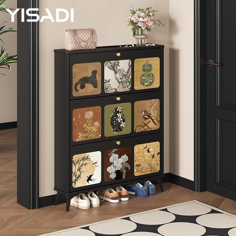 中国风黑色超薄鞋柜家用门口翻斗鞋柜薄款楼道口窄鞋架入户玄关柜