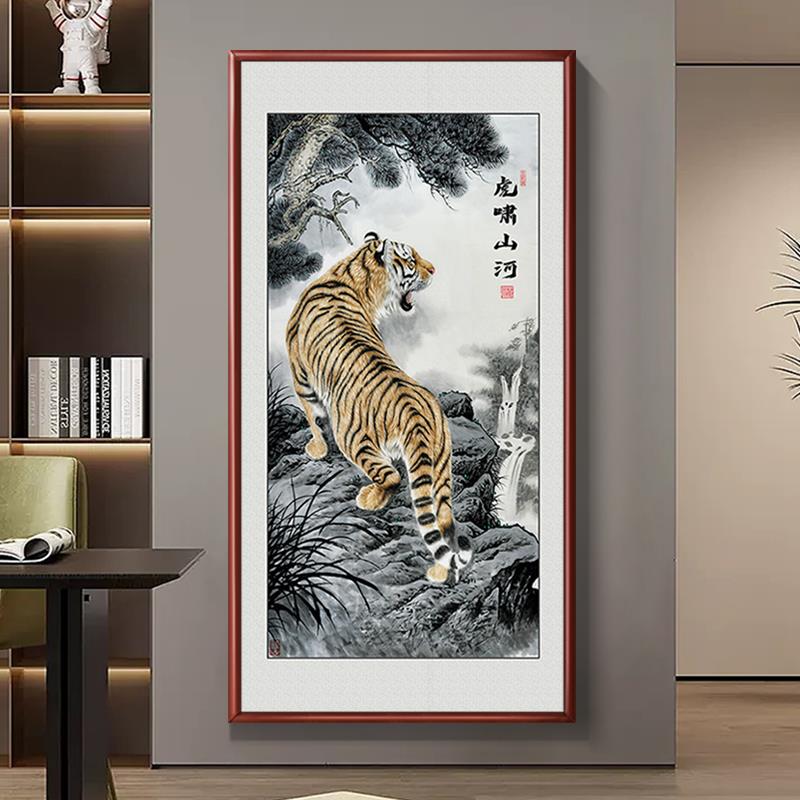 新中式上山虎挂画玄关过道月下雄风图装饰画老虎画猛虎下山图壁画