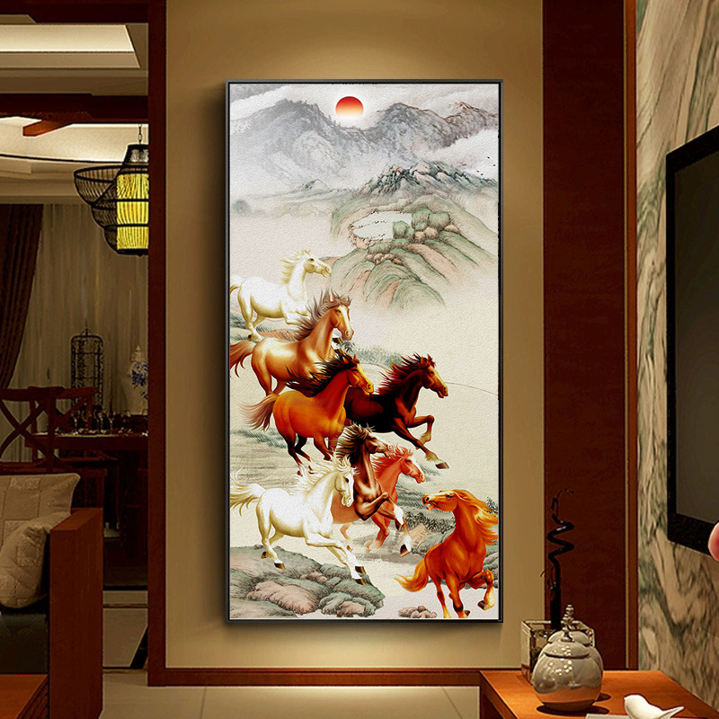 八骏图入户玄关装饰画竖版马到成功壁画客厅骏马图走廊过道挂画马