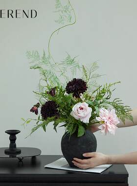 紫雾柔粉仿真花玫瑰大丽花组合黑色花瓶现代简约装饰假花玄关摆件