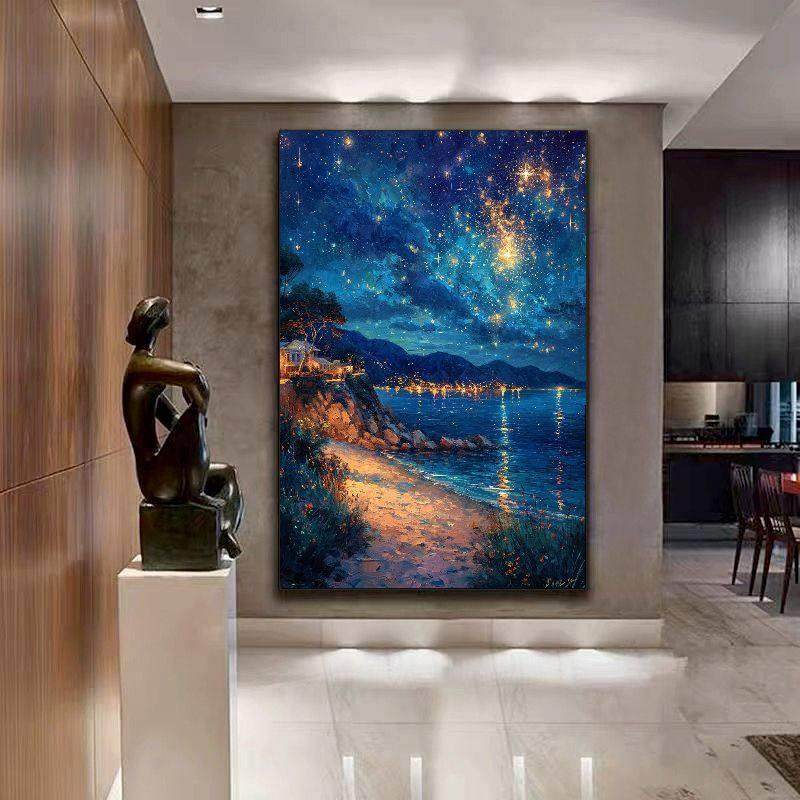 莫奈世界名画《星空日出与大海入口装饰画》抽象竖版客厅餐厅卧室,家居饰品,现代装饰画,淘宝优惠券,粉丝福利购,淘宝优惠卷