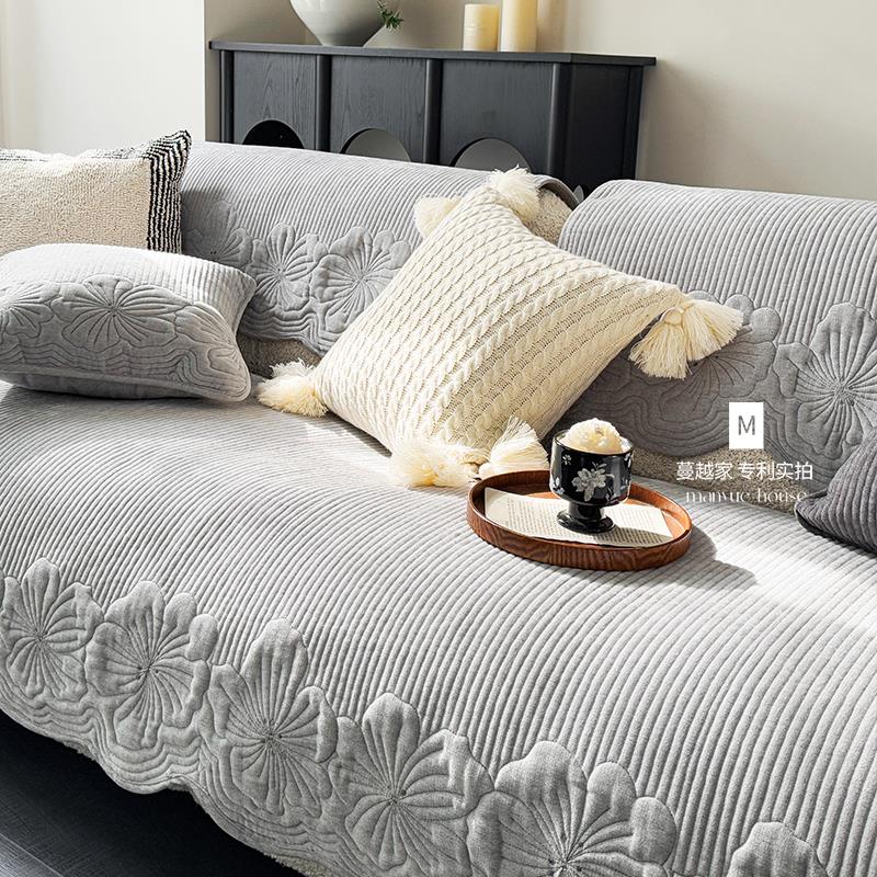 蔓越家侘寂全棉中古风沙发垫客厅纯棉沙发套罩巾通用重工绗绣座垫