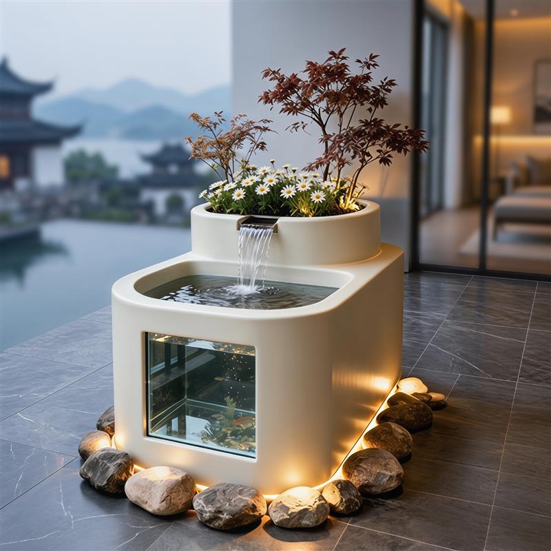 流水循环庭院造景别墅组合水池不锈钢鱼缸鱼瀑布喷泉花箱成品阳台