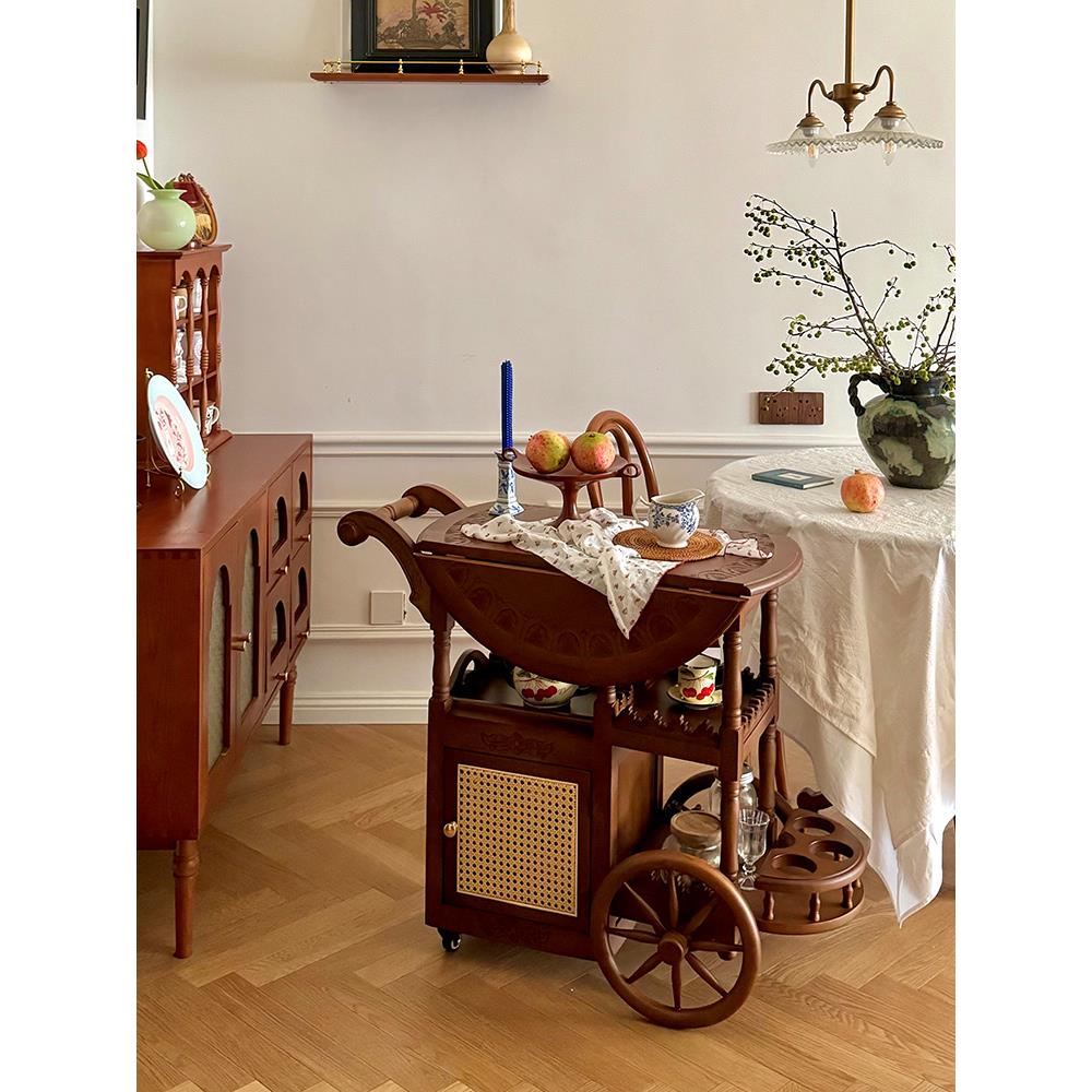 采购产品法式覆古可移动实木咖啡桌，彷古风格小型家用推车，折叠