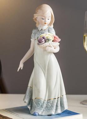 创意捧花女孩摆件田园欧式客厅家居装饰工艺品玄关电视柜结婚礼物