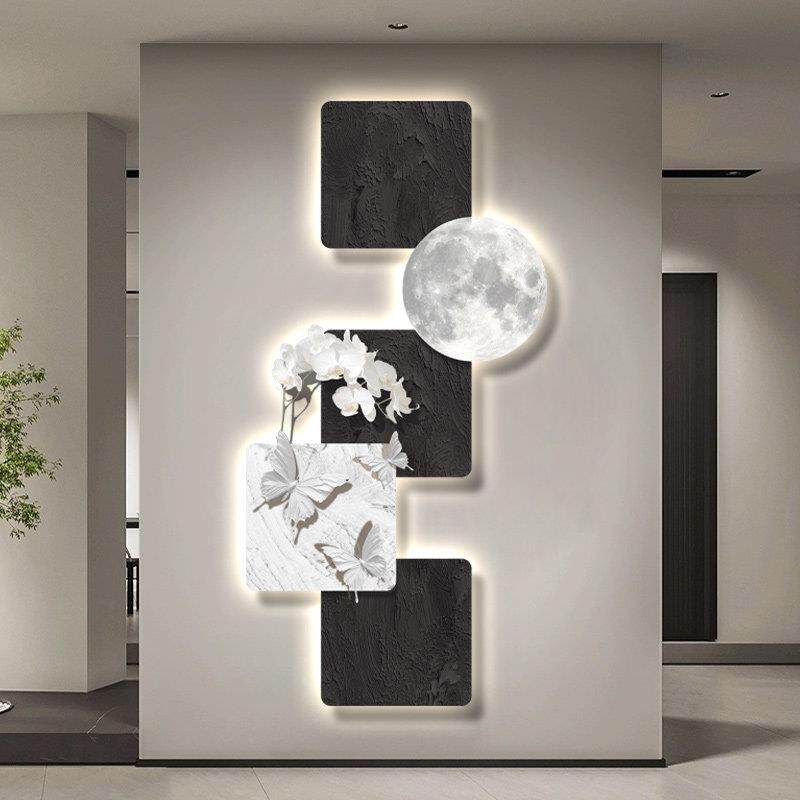 简约现代玄关装饰画黑白蝴蝶led发光灯画大气走廊尽头挂画高级感