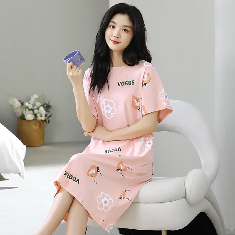 2025新款睡裙纯棉夏短袖大码女胖mm宽松过膝盖中年妈妈睡衣裙薄款