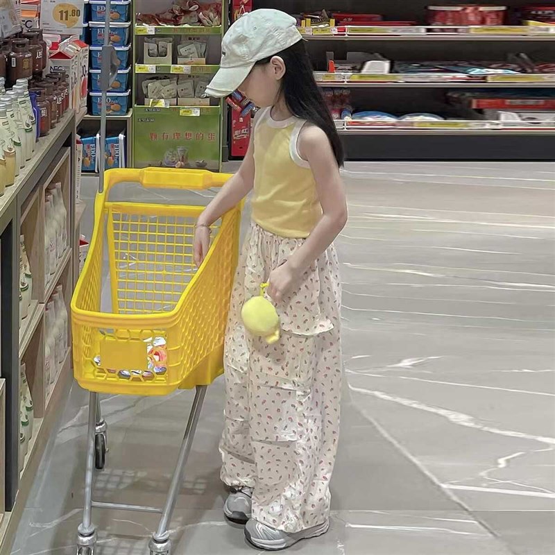 韩国童装2025j夏季新款奶黄撞色纯棉背心女童碎花休闲宽松工装裤