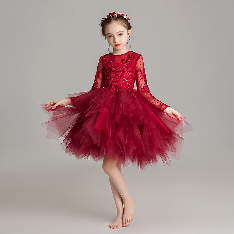 女童晚礼服公主裙蓬蓬纱小花童婚纱春秋季儿童长袖钢琴表演服红色,童装/婴儿装/亲子装,儿童礼服,淘宝优惠券,粉丝福利购,淘宝优惠卷