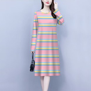 内搭修身 套头宽松显瘦中长款 连衣裙 纯棉条纹长袖 早春裙子外穿大码