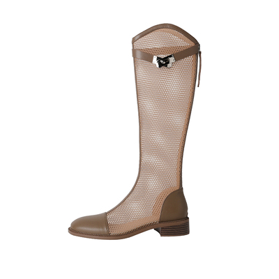 靴子女夏季网靴新款低跟透气镂空长靴真皮高筒凉靴大码4041凉鞋子