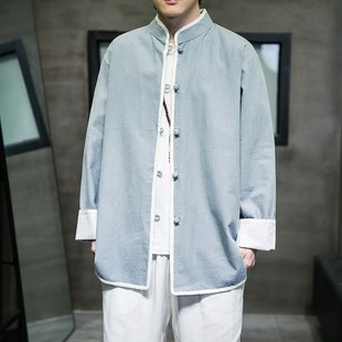 棉麻长袖衬衫外套秋复古中国风盘扣唐装汉服禅意禅茶服中式上衣男