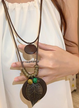 新中式禅意长款毛衣项链女双层复古民族风串珠颈链小众羽毛锁骨链