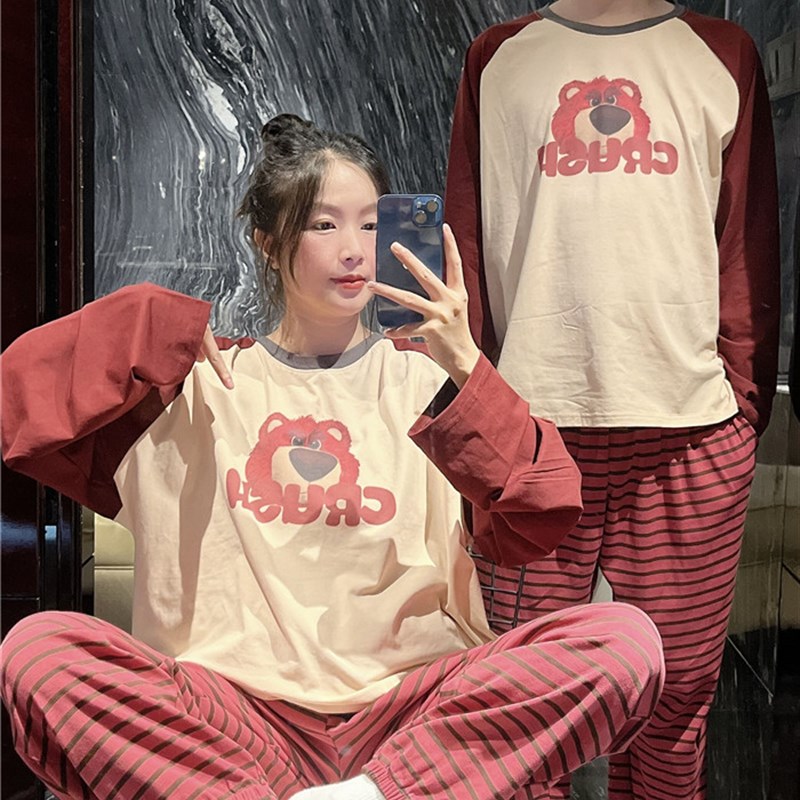 网红长袖睡衣女春秋可爱草莓熊家居服大码胖mm200斤W条纹长裤套装